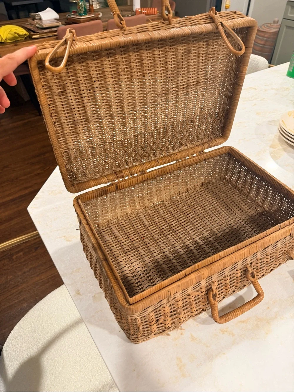 Vintage Woven Rattan Picnic-Style Basket in Natural Tan